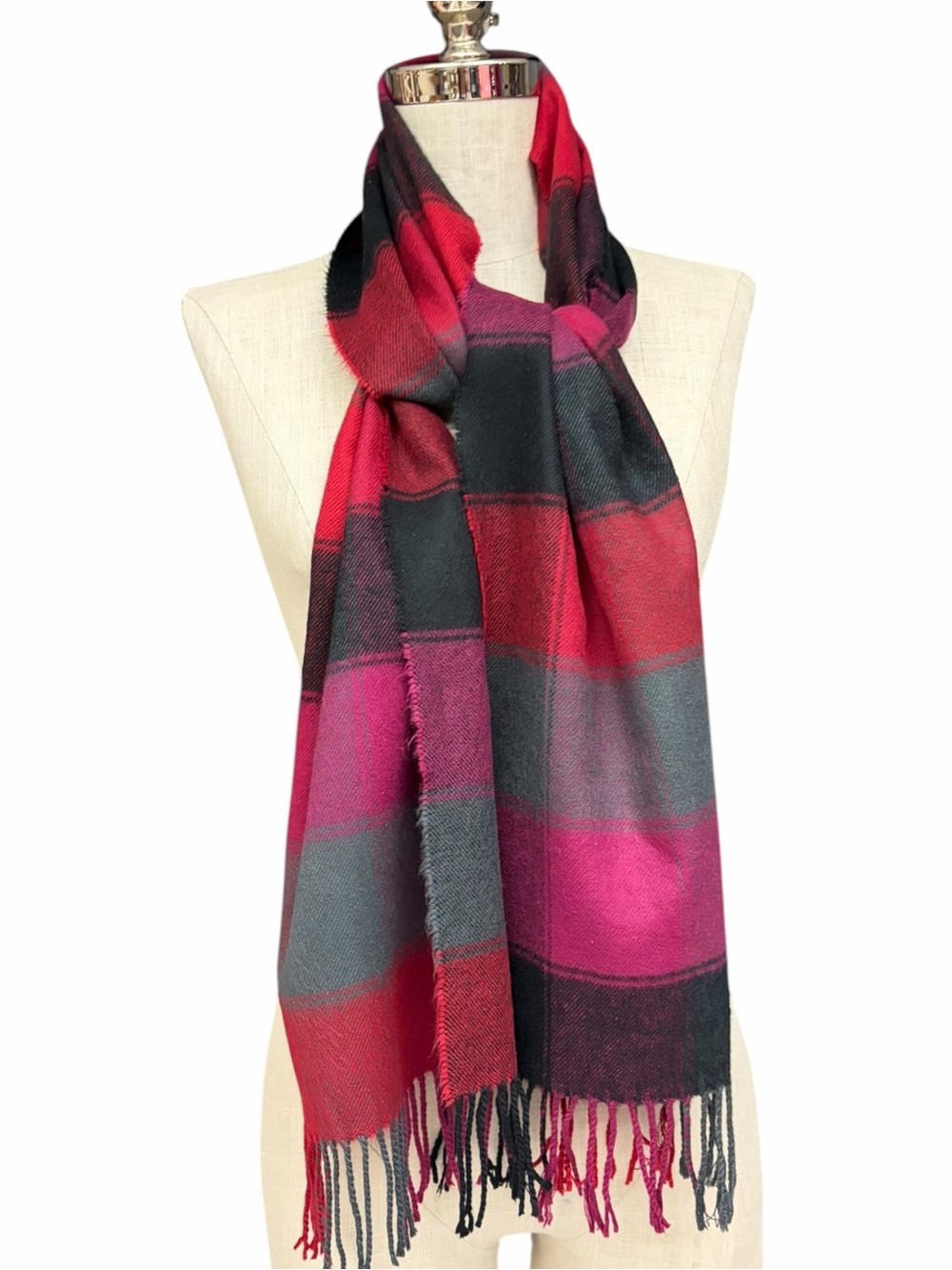 100% Cashmere Plaid Scarf Made in Scotland Red Pink Black Gray Fringe